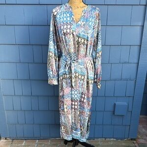 She + Sky Dress caftan belted soft flowy paisley blue purple pink patchwork